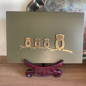 Vintage Olive green wall art with gold metal owls